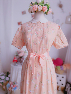 售出分享|日本古着屋，软妹彼得潘领粉橘色复古印花vintage连衣裙