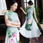 越南奥黛旗袍连衣裙，2024春夏装少女真丝旗袍，中长款假两件大码
