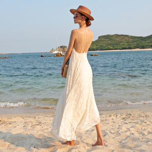 高级感真丝仙女露背长裙桑蚕丝沙滩裙高端马尔代夫海边度假连衣裙