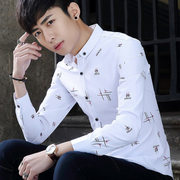 秋季流行青年潮衬衫男士韩版修身印花衬衣休闲时尚长袖寸衫