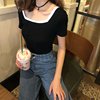 短袖t恤女夏季韩版大码显瘦黑色上衣纯色拼接性感低胸露背t恤衫
