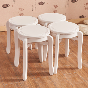 实木圆凳象牙白橡木餐凳凳成人家用欧式胡桃板凳纯白色可叠放凳子