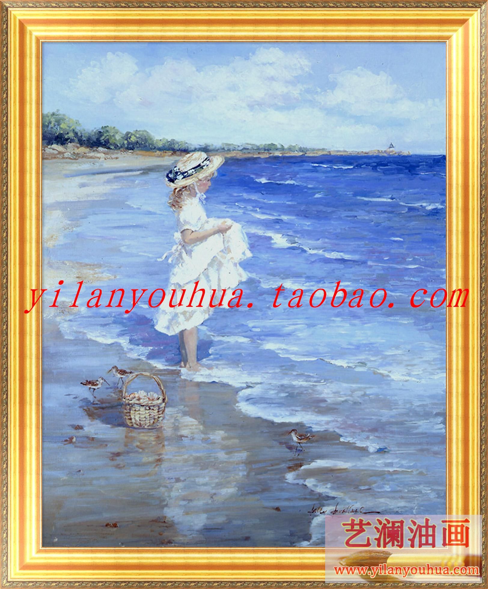 海边油画 小女孩印象派壁画 简约装饰画 卧室书房有框