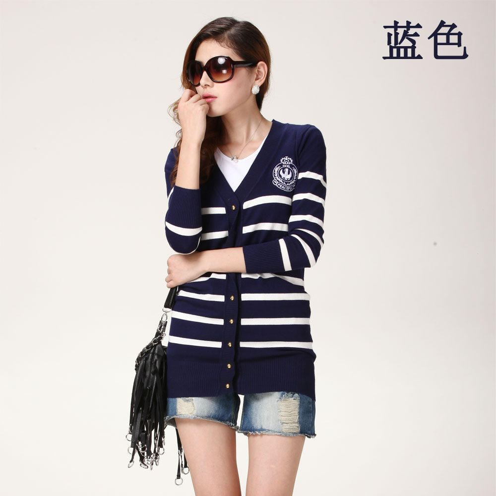 2014通勤女装针织衫黑白<em>条纹</em>长袖外搭<em>开衫 女</em>