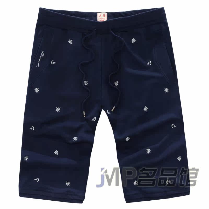 高档夏装<em>外贸原单</em>蓝色刺绣花中裤卫裤休闲裤男