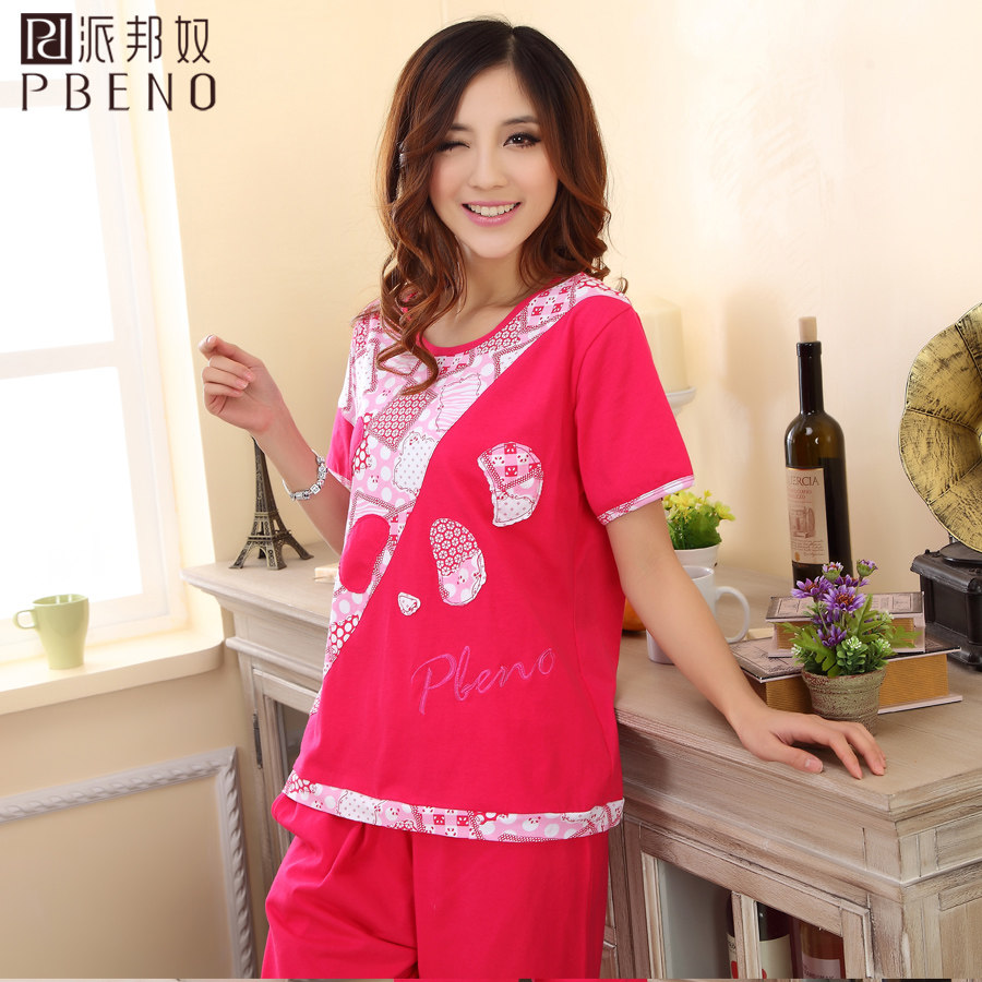<em>派邦奴睡衣夏</em>纯棉女士个性拼接卡通圆领套头短